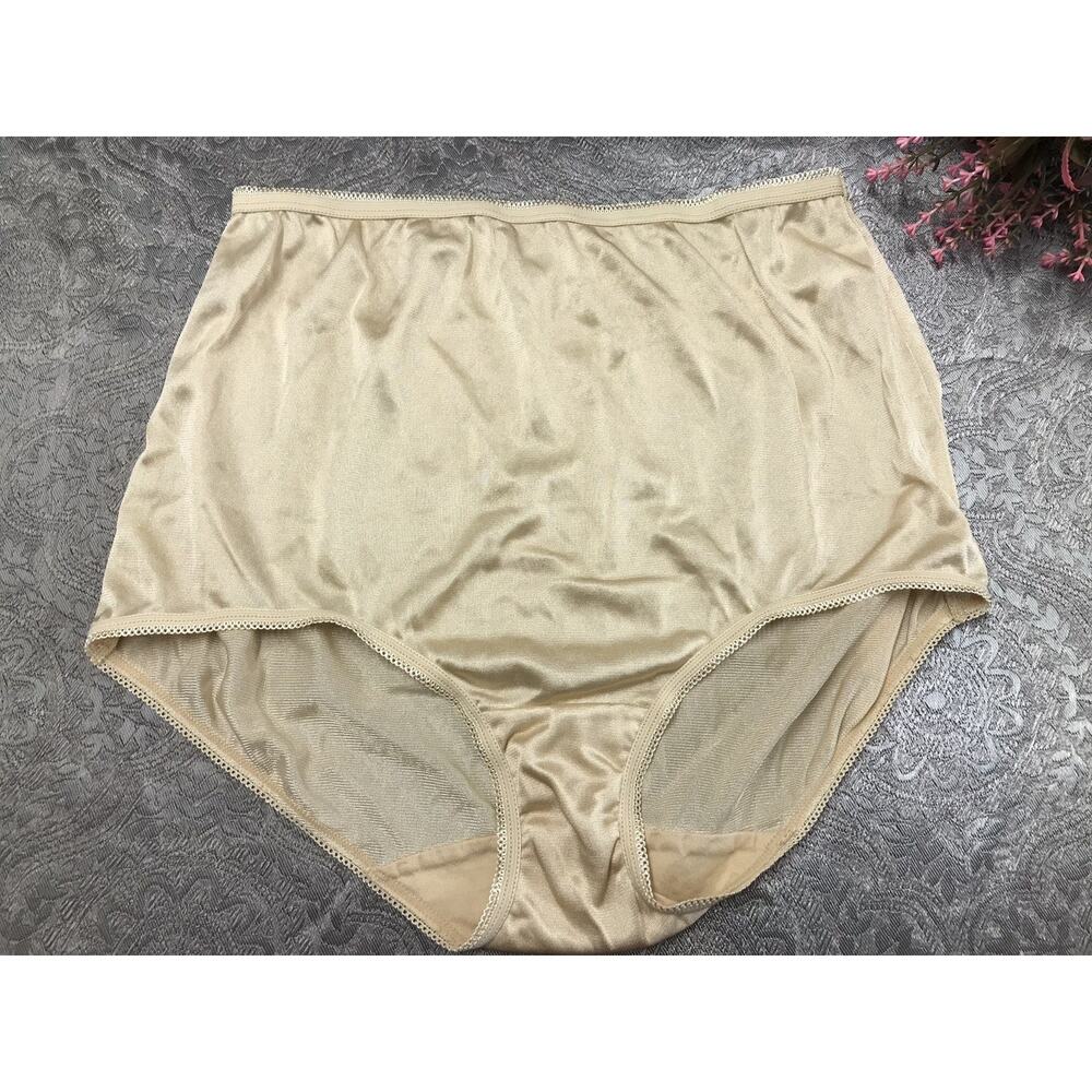 VINTAGE Style Shiny Nylon HI SISSY Granny Panty Full Cut Brief 6 NUDE Underscore